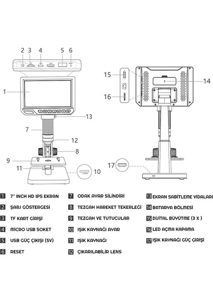 12MP 2000X 7 Inch IPS Ekran Dijital Mikroskop Şarjlı