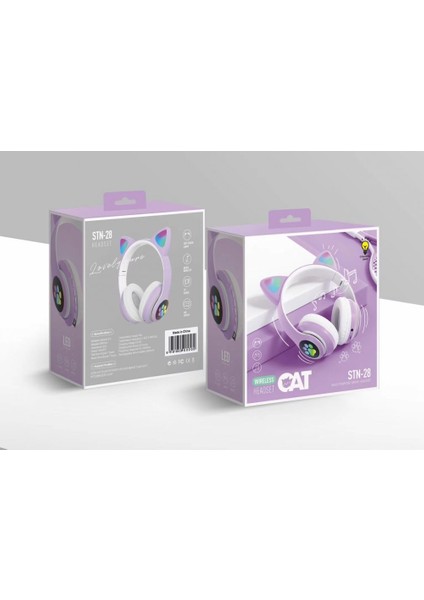 Kablosuz Kedi Kulaklık Işıklı Kulaküstü Mikrofonlu Bluetooth Hafıza Kartı Girişli Çocuk Kulaklığı Wireless