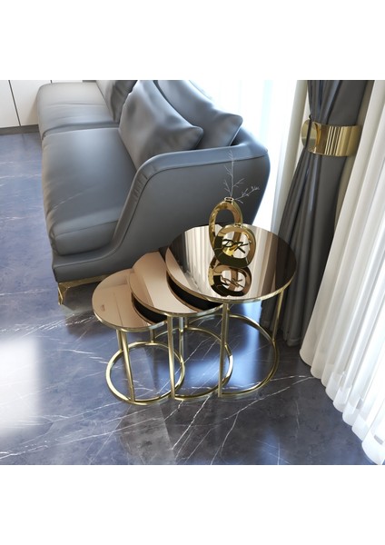 Nizzalife C Zigon Sehpa Gold Sehpa Takımı Bronz Ayna