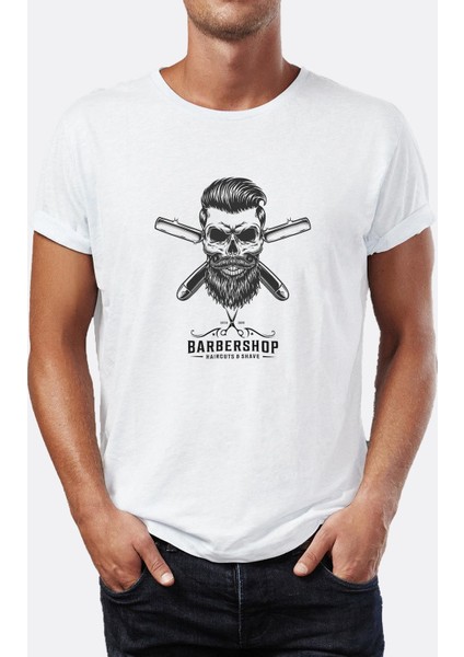 Barber Shop Berber Grafik Baskılı Bisiklet Yaka Erkek Tişört