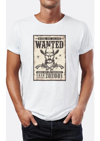 Wanted Dead Or Alive Grafik Baskılı Bisiklet Yaka Erkek Tişört