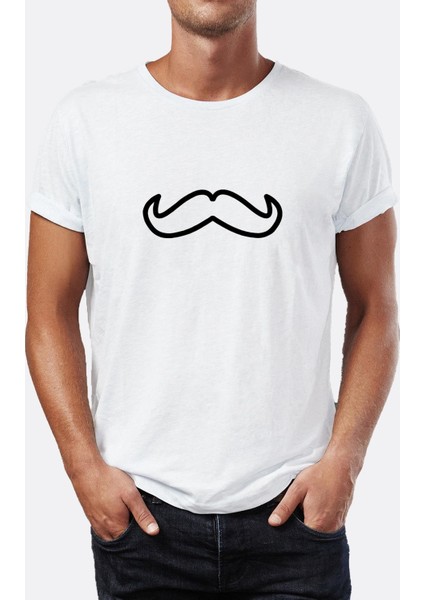 Mustache Bıyık Illüstrasyon Baskılı Bisiklet Yaka Erkek Tişört