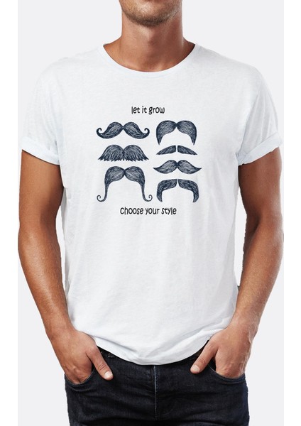 Mustache Bıyık Let It Grow Illüstrasyon Baskılı Bisiklet Yaka Erkek Tişört