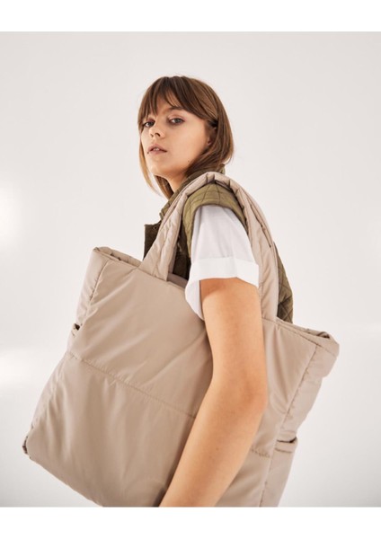 Kadın Kabartmalı Puf Kumaş Shopper Çanta