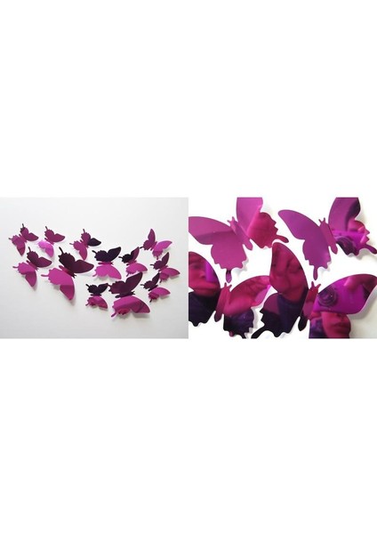 Ev Dekorasyon 3D Pvc Kelebek 12 Li Duvar Süsleme Menekşe Aynalı V5
