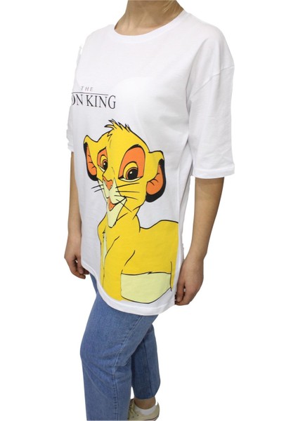 - Kadın Aslan Baskılı T-Shirt- Beyaz