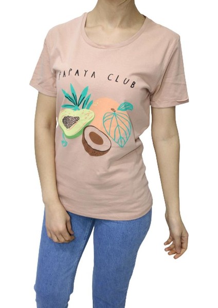 – Kadın Double Kol Papaya Club Baskılı T-Shirt - Bisküvi