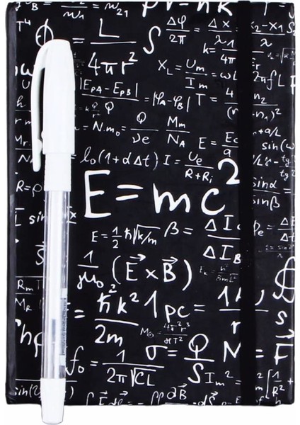 Einstein Temalı Lastikli Defter Siyah + Kalem Beyaz