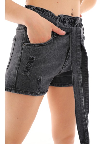 Belden Lastkli Kuşaklı Mini Kadın Jean Şort 2294 Siyah