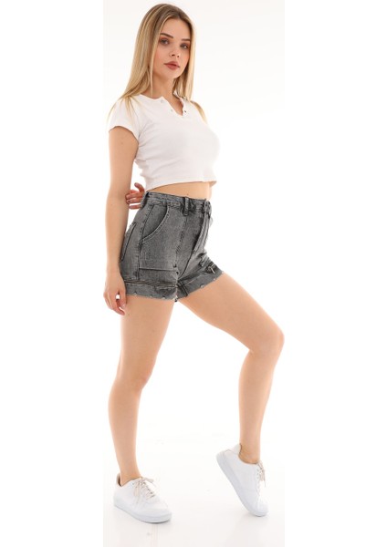 Paça Fermuarlı Mini Kadın Jean Şort 2671 Gri