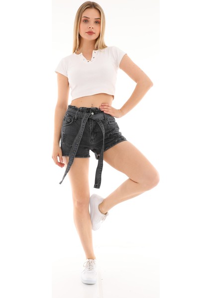 Belden Lastkli Kuşaklı Mini Kadın Jean Şort 2294 Siyah