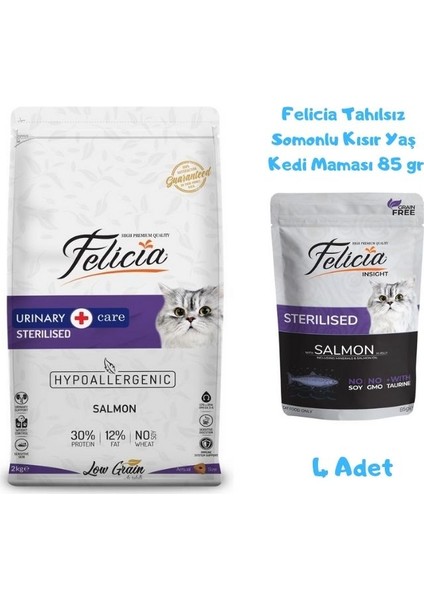 Kısırlaştırılmış Somonlu Kedi Maması 2 kg + Felicia Yaş Mama 85 gr (4 Adet)