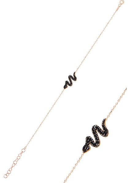 Gümüş Rose Siyah Taşlı Yılan Bileklik