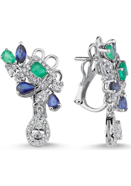 Zümrüt - Safir Diamond Küpe - Beyaz Altın