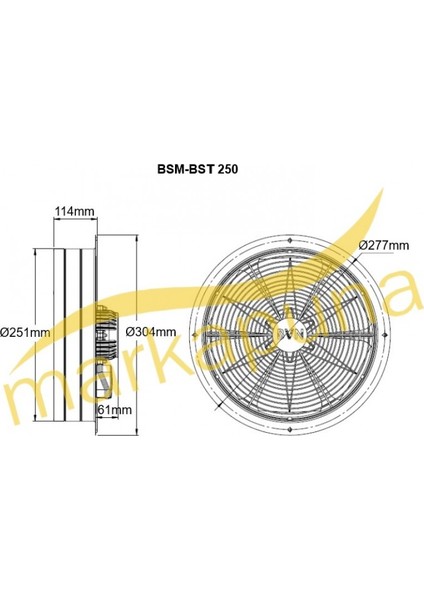 25 cm çapında BSM 250 1475 D/D 220/230 volt Monofaze Sanayi Aspiratörü