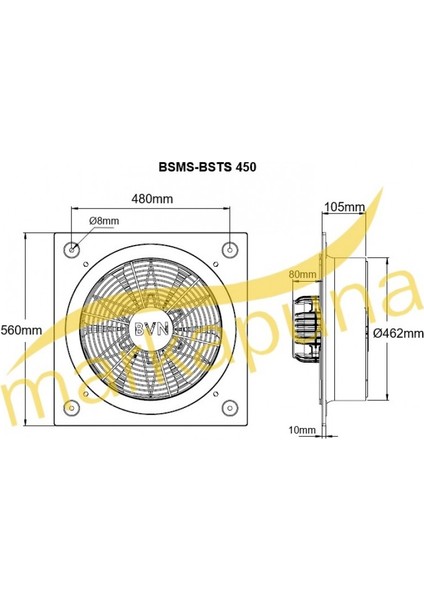 56x56 cm BSMS 450 1430 D/D 220/230 volt Monofaze Kare Sanayi Aspiratörü