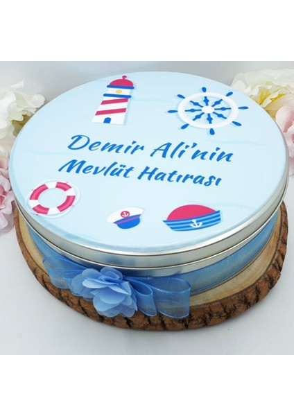 Denizci Konsept Yuvarlak Metal Kutulu Bebek Çikolatası Yuvarlak 50 Li