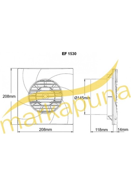 21x21 cm EF 1530 2000 D/D 220/230 volt Monofaze Plastik Banyo & Tuvalet Aspiratörü Dekoratif