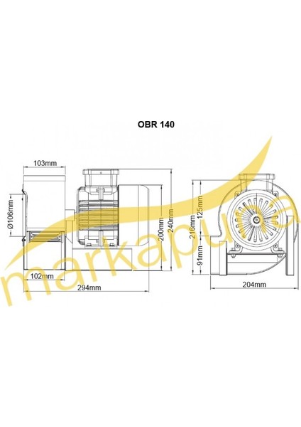 OBR 140M-4K 1480 D/D 220/230 volt Monofaze Tek Emişli Radyal Fan Öne Eğimli