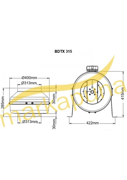 31.5 cm çapında BDTX 315-A 2400 D/D 220/230 volt Monofaze Yuvarlak Kanal Fanı Geriye Eğimli