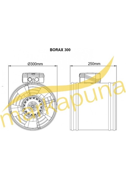 30 cm çapında BORAX 300-2K 2600 D/D 220/230 volt Monofaze Aksiyel Kanal Tipi Fan