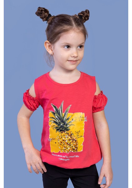 Toontoy Kız Çocuk Kolları Detaylı Ananas Baskılı Tişört