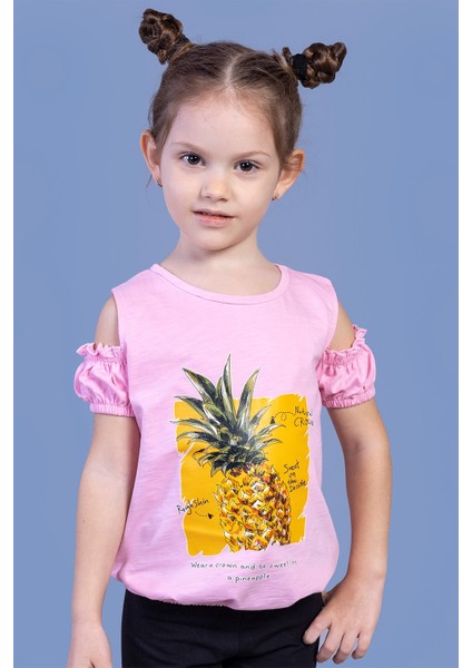 Toontoy Kız Çocuk Kolları Detaylı Ananas Baskılı Tişört