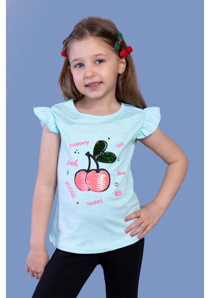 Toontoy Kız Çocuk Çevirmeli Pullu Kiraz Baskılı Tişört