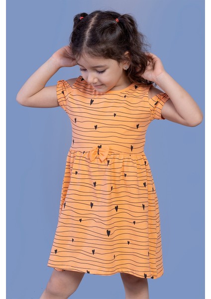 Toontoy Kız Çocuk Kalp Desenli Kolları Detaylı Elbise