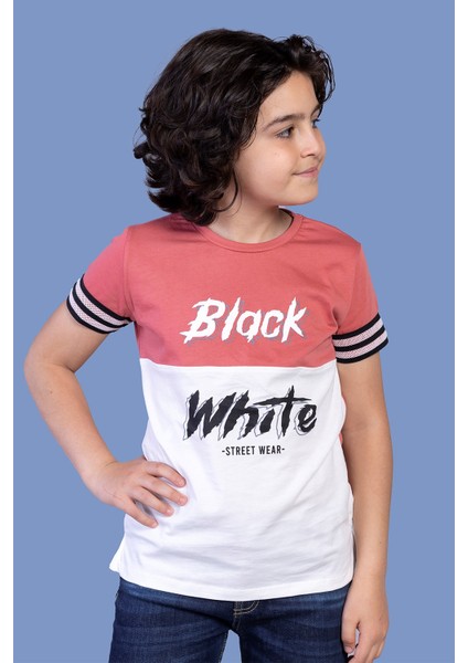Toontoy Erkek Çocuk Kolları Şerit Detaylı Iki Renkli Baskılı Tişört