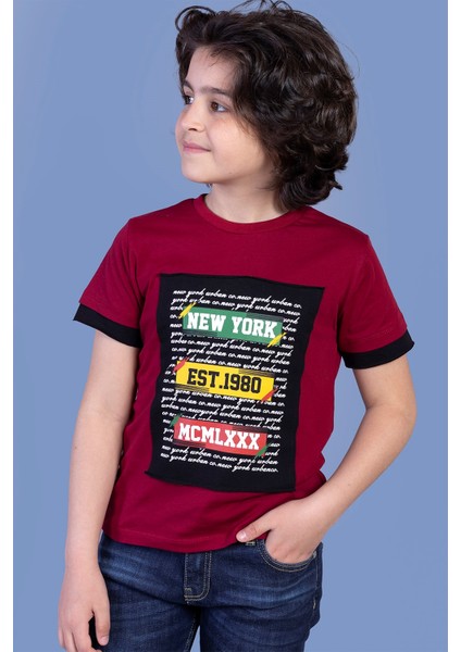 Toontoy Erkek Çocuk Kolları Garni Detaylı Yazı Baskılı Tişört