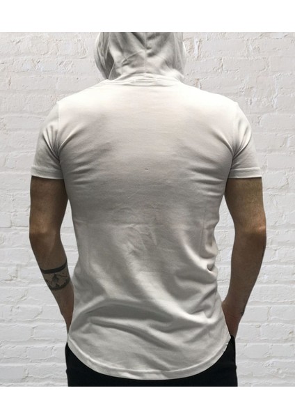 Kapüşonlu Yarım Fermuarlı Beyaz Pique T-Shirt