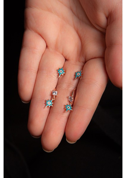 Lazer Mineli 925 Ayar Gümüş Kombin Kutup Yıldızlı Nazar Boncuklu Küpe