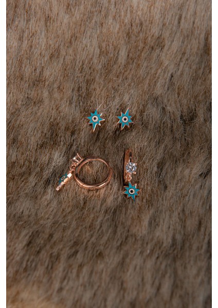 Lazer Mineli 925 Ayar Gümüş Kombin Kutup Yıldızlı Nazar Boncuklu Küpe modelleri