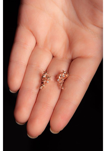 Rose Zirkon Taşlı Yıldızlı 925 Ayar Gümüş Vidalı Küpe