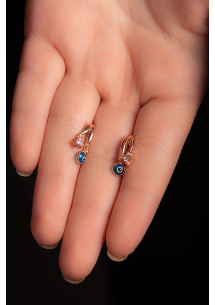 Nazar Bocuklu Zirkon Taşlı 925 Ayar Gümüş Rose Halka Küpe