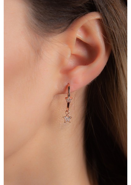 Üçlü Yıldızlı Kombin 925 Ayar Gümüş Vidalı Halkalı Kopçalı Rose Küpe