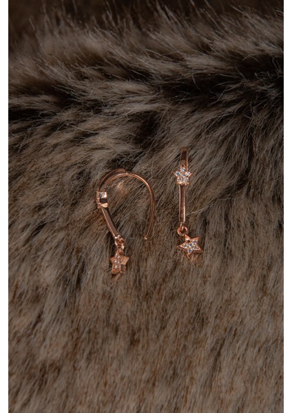 Üçlü Yıldızlı Kombin 925 Ayar Gümüş Vidalı Halkalı Kopçalı Rose Küpe fiyatları