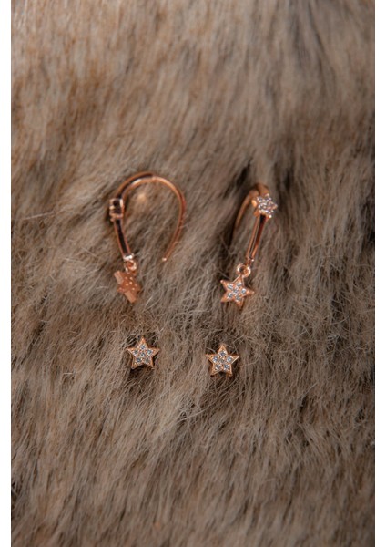 Ikili Yıldız Kombin 925 Ayar Gümüş Rose Küpe modelleri