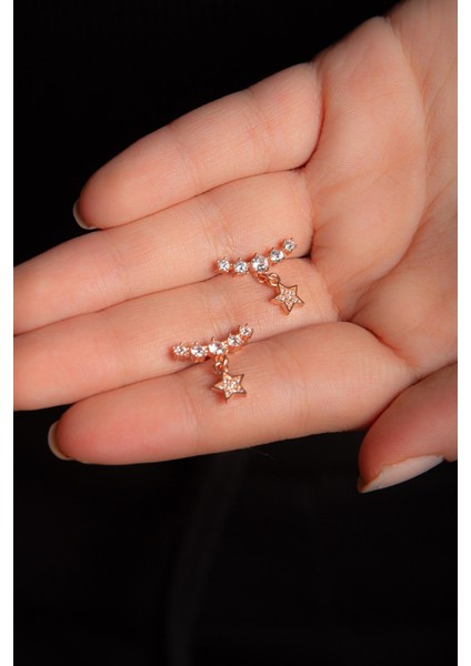 Yıldızlı Beştaşlı 925 Ayar Gümüş Rose Zirkon Taşlı Küpe