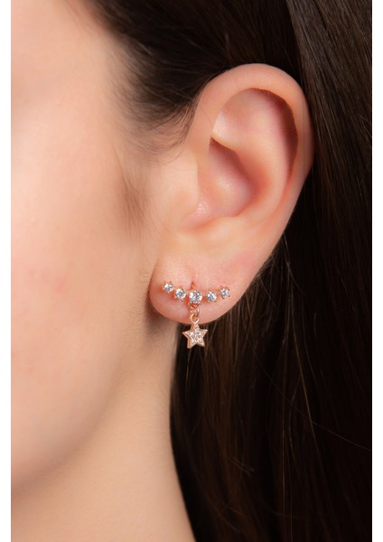 Yıldızlı Beştaşlı 925 Ayar Gümüş Rose Zirkon Taşlı Küpe fiyatları