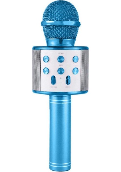 WS-858 Karaoke Mikrofon Bluetooth Kablosuz Usb, Hafıza Kartı ve Aux Girişli Taşınabilir Eğlenceli Çocuk Müzik Dans Mavi