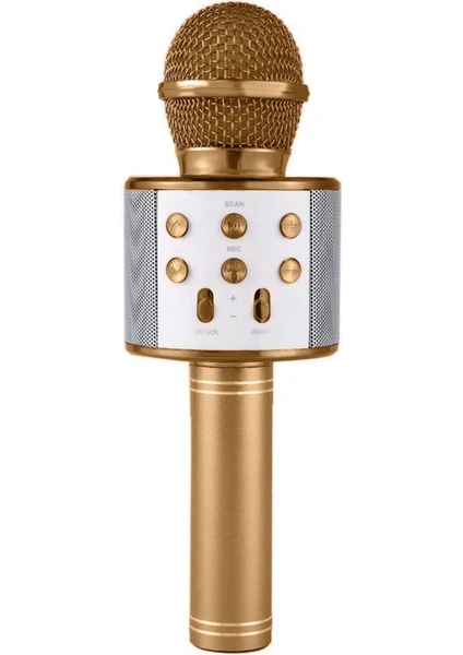 WS-858 Karaoke Mikrofon Bluetooth Kablosuz Usb, Hafıza Kartı ve Aux Girişli Taşınabilir Eğlenceli Çocuk Müzik Dans Gold