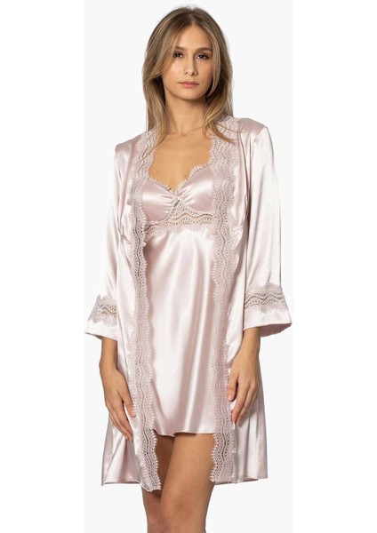 6'lı 6010 Pudra Saten Kısa Gecelik Sabahlık Takımı