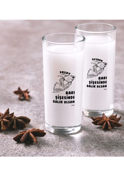 Kişiye Özel Renkli Baskılı Rakı Şişesinde Balık Olsam Ikili Rakı Bardağı Seti