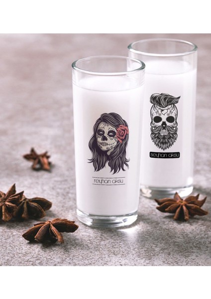 Kişiye Özel Renkli Baskılı Kurukafa Ikili Rakı Bardağı Seti-1