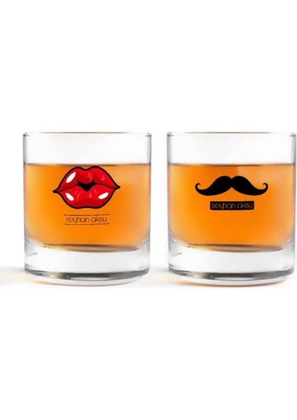Kişiye Özel Renkli Baskılı Dudak ve Bıyık Ikili Viski Bardağı-1