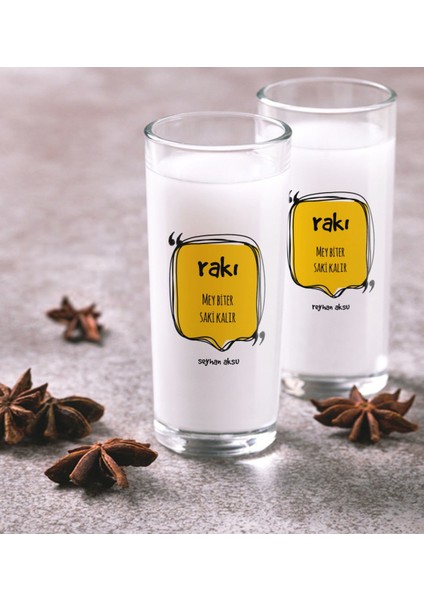 Kişiye Özel Renkli Baskılı Mey Biter Saki Kalır Ikili Rakı Bardağı Seti