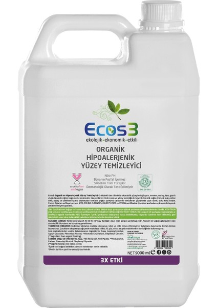 Hipoalerjenik Yüzey Temizleyici, Organik & Vegan Sertifikalı, Ekolojik, Evcil Hayvan Dostu, 5000ml