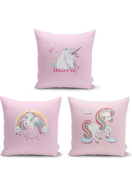 Pembe Zemin Üzerinde Unicorn Tasarımlı 3'lü Kırlent Kılıf Seti